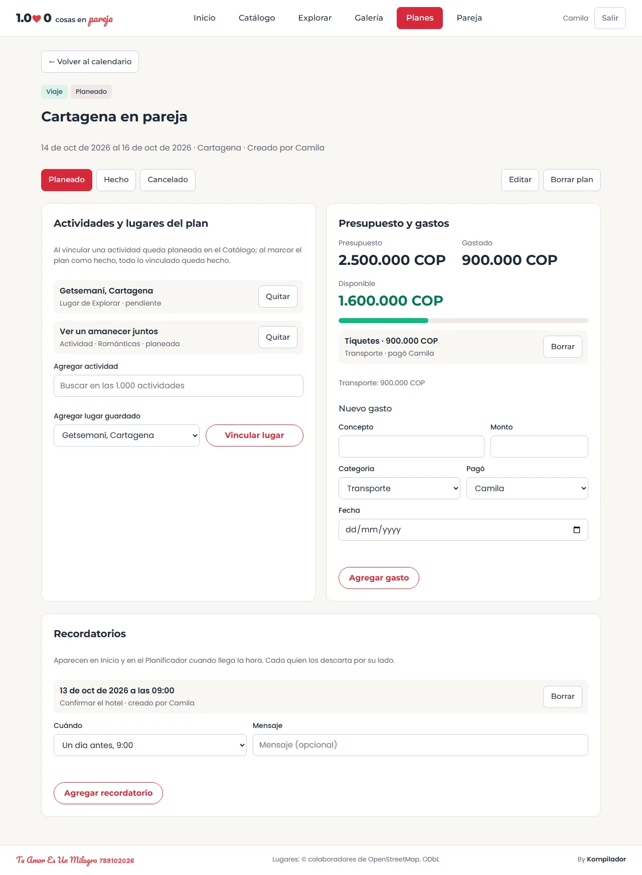 Detalle de un viaje con presupuesto, gastos y recordatorios